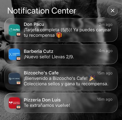 Notificaciones de SoyCasero en el celular: nuevo sello, tarjeta completa, bienvenida y un mensaje '¡Te extrañamos!'
